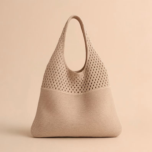 Boho Knit Shoulder Tote Bag Vintage Inspired Mixed Mesh Design Handbag