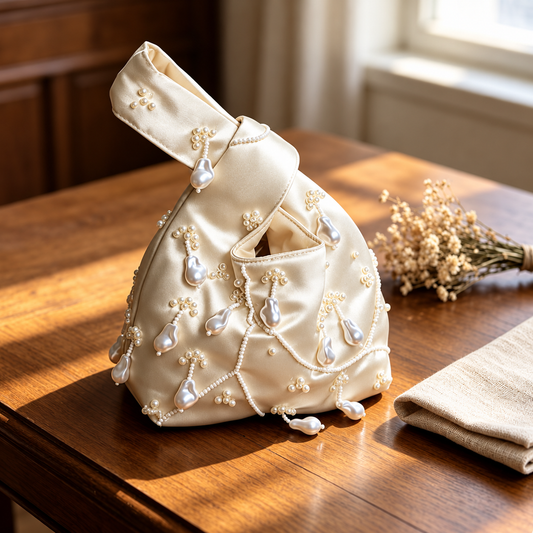Handmade Pearl Bridal Clutch Satin Evening Bag For Wedding Special Occasions Handbag