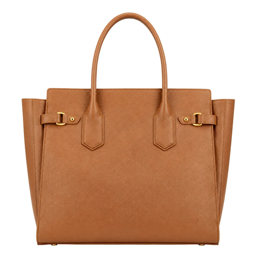 Camel Leather Large Structured Top Handle Tote Handbag